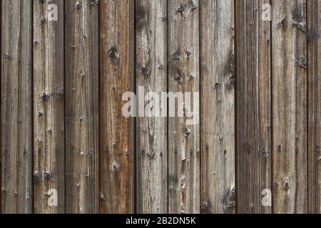 Rustic old wooden wall of a barn with knotholes and nails Stock Photo