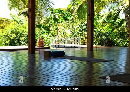 Open tropical yoga studio place with view outside to the beautiful garden  with palm trees and ocean. Holiday concept Stock Photo - Alamy