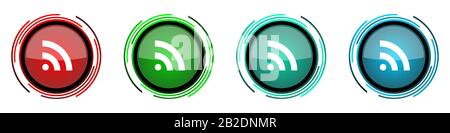 Rss round glossy vector icons, set of buttons for webdesign, internet and mobile phone applications in four colors options isolated on white backgroun Stock Vector