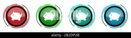 Piggy bank round glossy vector icons, set of buttons for webdesign, internet and mobile phone applications in four colors options isolated on white ba Stock Vector