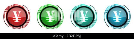 Yen round glossy vector icons, set of buttons for webdesign, internet and mobile phone applications in four colors options isolated on white backgroun Stock Vector