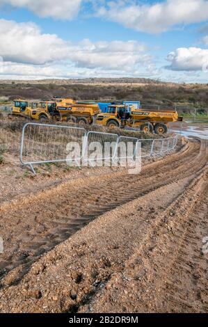 Volvo A30G articulated hauler earth moving equipment used in coast defence works on the shore of The Wash between Snettisham & Hunstanton in Norfolk. Stock Photo
