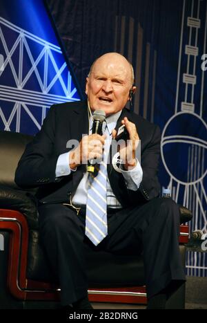 (200302) -- NEW YORK, March 2, 2020 (Xinhua) -- File photo shows Jack Welch speaking at a GMC forum in Guangzhou, China, on Sept. 13, 2011. Jack Welch, former chairman and chief executive officer (CEO) of U.S. conglomerate General Electric Company (GE), passed away due to renal failure late Sunday at home at the age of 84, his wife Suzy said on Monday. (Photo by Yuan Hongwei/Xinhua) Stock Photo