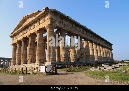 Temple of Hera II, so called Temple of Neptune. The largest temple of Paestum. (460-450 BC). Doric Order, Paestum, Campania, Italy. Stock Photo