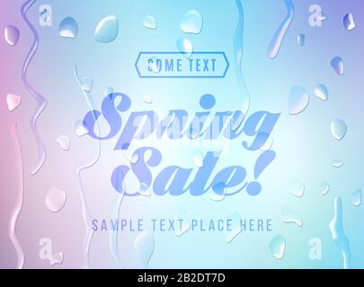 Advertisement about the spring sale on defocused background with water drops Stock Vector