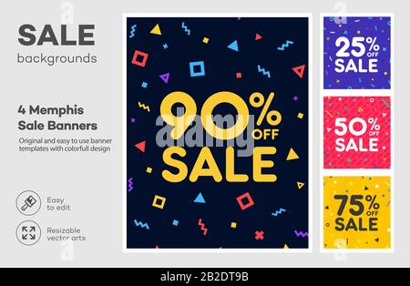 Set of modern colorful poster, banner, flyer template in the Memphis style. Big Sale. Special offer discount. Stock Vector