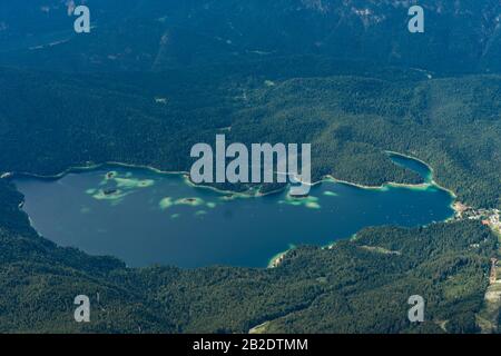 The beautiful Eibsee from the Zugspitze. Stock Photo