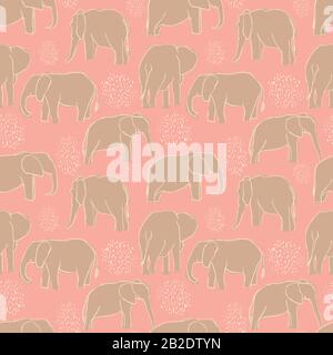 Vector tropical playful elephants pattern on coral Stock Vector