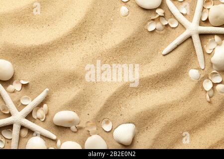 Starfishes, stones and seashells on sand background. Flat lay. Top view Stock Photo