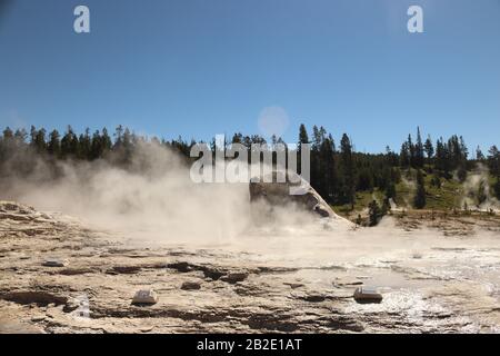 an erupting geyser in yellowstone national park Stock Photo