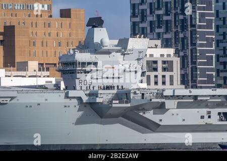 LIVERPOOL, UNITED KINGDOM - MARCH 1st, 2020: Close view of the bridge on the HMS Prince of Wales Stock Photo