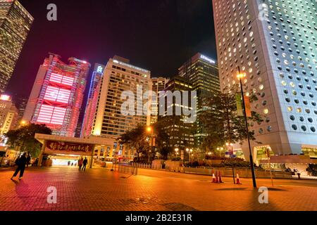 HONG KONG, CHINA - CIRCA JANUARY, 2019: street level view of Hong Kong at night. Stock Photo