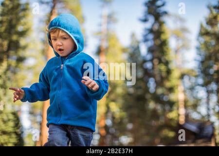 Young boy running through a wooded park Stock Photo