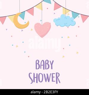baby shower hanging heart cloud moon bunting flags card cartoon decoration vector illustration Stock Vector