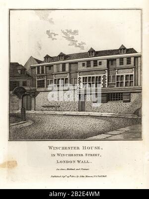 Winchester House in Winchester Street, London Wall. Copperplate engraving by John Thomas Smith after original drawings by members of the Society of Antiquaries from his J.T. Smith’s Antiquities of London and its Environs, J. Sewell, R. Folder, J. Simco, London, 1800. Stock Photo