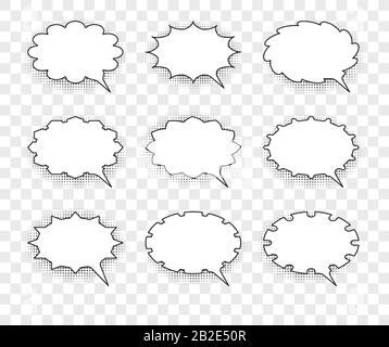 Set of nine vector talking bubbles with white fills and transparent background. Stock Vector