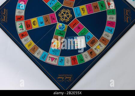 Orlando, FL/USA-2/12/20:  Trivial Pursuit game set up to play which is a board game from Canada in which winning is determined by a player's ability t Stock Photo