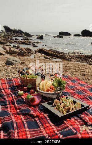 wicker basket with fruits, green and black grapes, bread, on a red cricket plaid on a background of rocks and the sea in summer Stock Photo