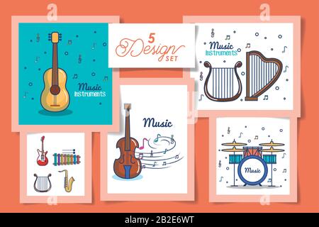 five designs of instruments music icons Stock Vector