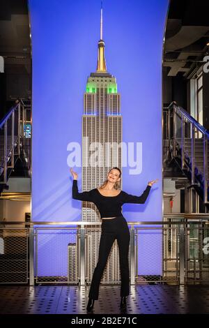 New York, USA. 2nd March, 2020. Behati Prinsloo poses for a photo in celebration of World Wildlife Day, in collaboration with the UN Development Programme & CITES at the Empire State Building in New York City on March 02, 2020. (Photo by Gabriele Holtermann-Gorden/Sipa USA) Credit: Sipa USA/Alamy Live News Stock Photo