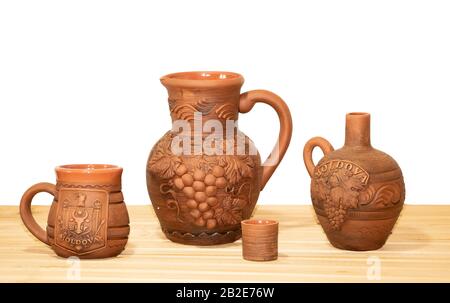 Souvenir from Moldova - Ceramic jugs on white background Stock Photo