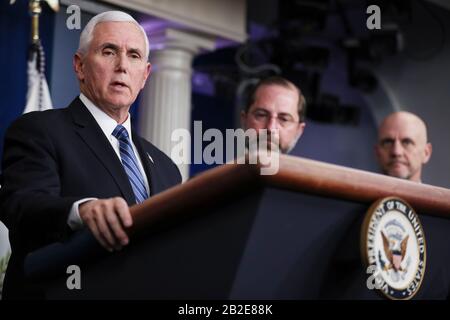 Washington, USA. 03rd Mar, 2020. Vice President Mike Pence speaks during a briefing on the administration's coronavirus response in the press briefing room of the White House on March 2, 2020 in Washington, DC. (Photo by Oliver Contreras/SIPA USA) Credit: Sipa USA/Alamy Live News Stock Photo
