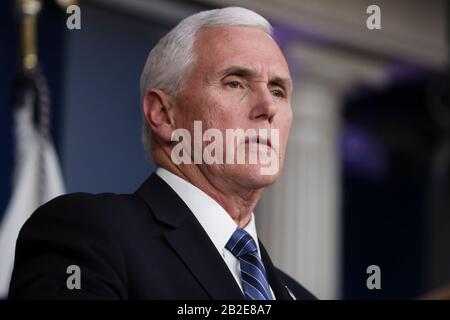 Washington, USA. 03rd Mar, 2020. Vice President Mike Pence speaks during a briefing on the administration's coronavirus response in the press briefing room of the White House on March 2, 2020 in Washington, DC. (Photo by Oliver Contreras/SIPA USA) Credit: Sipa USA/Alamy Live News Stock Photo