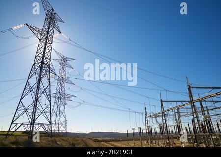 Power line and electrical substation Stock Photo