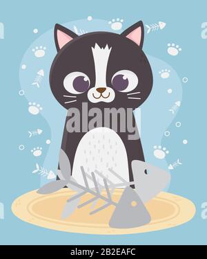 cats make me happy, cute black cat with fishbones cartoon vector illustration Stock Vector