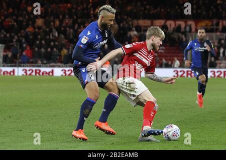 MIDDLESBROUGH, ENGLAND - MARCH 2ND John Bostock of Nottingham Forest battles with Middlesbrough's Hayden Coulson during the Sky Bet Championship match between Middlesbrough and Nottingham Forest at the Riverside Stadium, Middlesbrough on Monday 2nd March 2020. (Credit: Mark Fletcher | MI News) Photograph may only be used for newspaper and/or magazine editorial purposes, license required for commercial use Credit: MI News & Sport /Alamy Live News Stock Photo