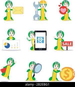 Set character of man wearing snake costume as wild animal. Stock Vector