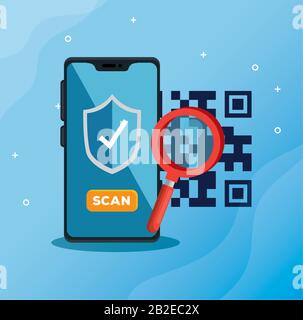 scan qr code with smartphone and magnifying glass Stock Vector