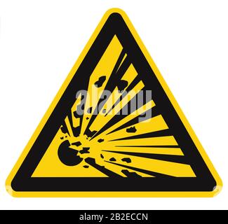 Danger, blasting area, authorized personnel only, stay away, hazard risk zone caution warning sign, blast icon signage sticker label yellow triangle Stock Photo