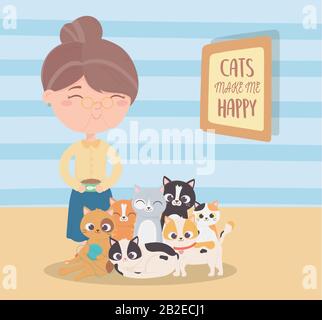 cats make me happy, old woman with bowl food and many kittens cartoon vector illustration Stock Vector