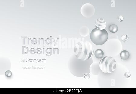 Abstract background with realistic white and silver bubblesdynamic 3d spheres. Modern trendy banner or poster design. Vector illustration Stock Vector