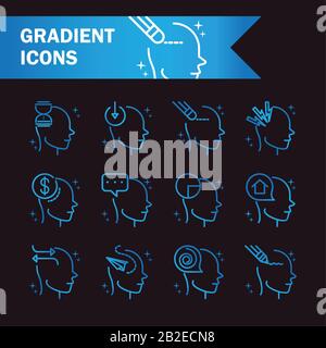 alzheimers disease neurological brain medical condition icons set vector illustration gradient line black background Stock Vector
