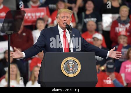 President Donald Trump appear during a rally Dec. 10, 2019, at Giant Center in Hershey, PA. Stock Photo