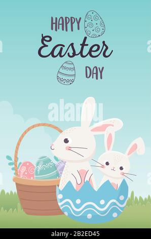 happy easter day, cute bunnies in eggshell eggs basket grass decoration vector illustration Stock Vector