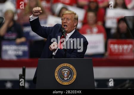 Charlotte, United States. 02nd Mar, 2020. President Donald Trump speaks at a Keep America Great rally in Charlotte, North Carolina on March 2, 2020. Photo by Nell Redmond/UPI. Credit: UPI/Alamy Live News Stock Photo