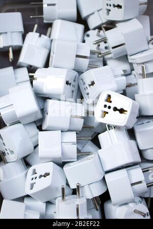 European EU to UK converter plug travel adapter. Photographed in front of the store in a box. Close up. Stock Photo