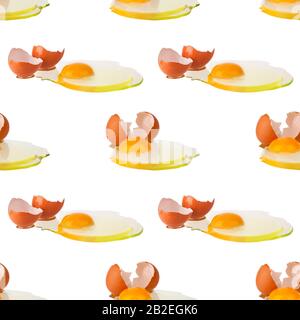 Seamless pattern of broken brown eggs on white background isolated, repeating ornament cracked eggshell halves, raw egg, yellow yolk, Easter banner Stock Photo