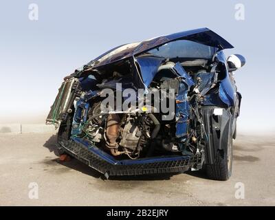 Severe automobile crash accident on the street, damaged after collision in city stay abandoned Stock Photo