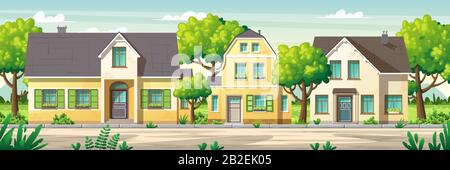 Modern houses with garden on a street in summer. Vector Illustrations with separate layers. Concept for banner, web background and templates. Stock Vector
