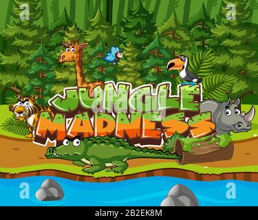 Scene with word related to nature and many animals in forest illustration Stock Vector