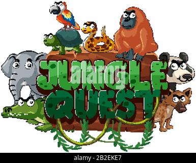 Font design for word jungle quest with wild animals on white background illustration Stock Vector