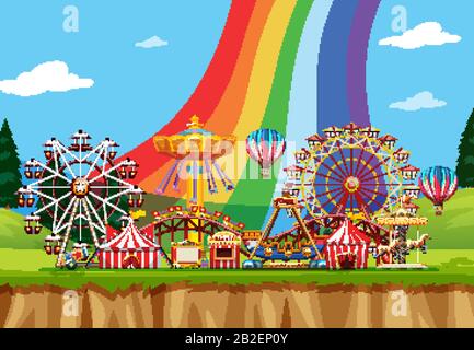 Circus scene with many rides at day time illustration Stock Vector