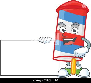 Cute funny rocket USA stripes cartoon character having a board Stock Vector