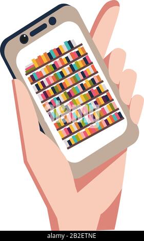 Vector flat hand with smartphone and book, reading application Stock Vector