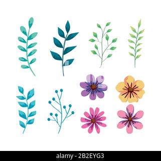 set of cute flowers with branches and leafs Stock Vector Image & Art ...