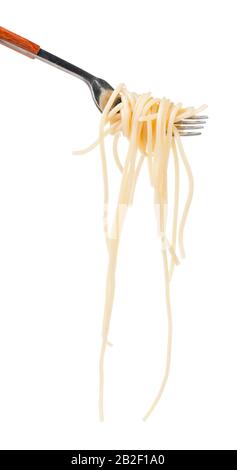 Delicious pasta on fork against white background Stock Photo